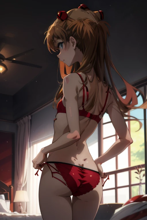 masterpiece, ((anime)), best quality, 8k, 1girl, souryuu asuka langley, tease, (getting dressed, white cotton bra, small, flat chest), expressionless, looking away, (bored), view from behind, bedroom, slender, narrow hips, small butt