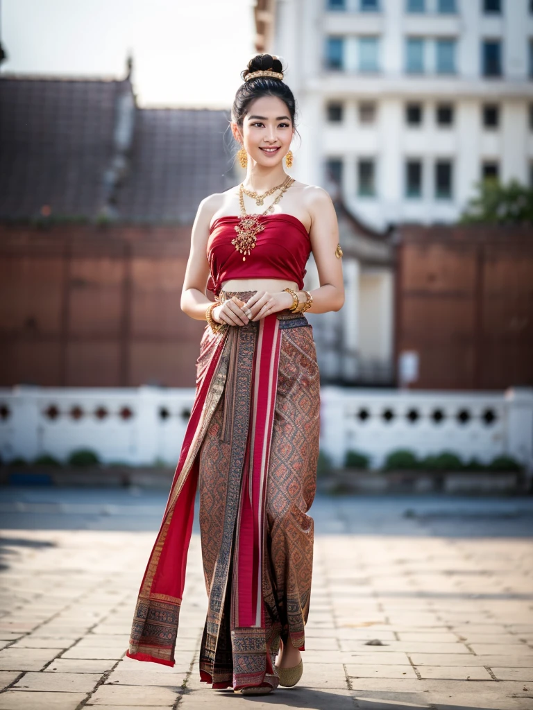 Thaifacemixx, Full body shot, 1woman,
85mm lens,f/8.0,
brown hair,
medium breasts,
(china street:1.3),
1girl, 18 years old,
double bun and long twin tails, light blue hair
detailed face, detailed eyes, shiny skin,
(extremely detailed 8k wallpaper),(8k, RAW photo, HDR, absurdres:1.2,best quality, masterpiece:1.2), (realistic, photo-realistic:1.37),best quality, realistic, photorealistic,ultra detailed,extremely detailed face,BRIGHT LIGHT,ultrawide shot, 8k uhd, dslr, soft lighting, high quality, film grain, Fujifilm XT3
tradition gold body strap,
red sabai dress holding a flower,
thai traditional necklace,
thai traditional bracelets,
thai traditional belt,
thai traditional earring,
strapless thai traditional dress,