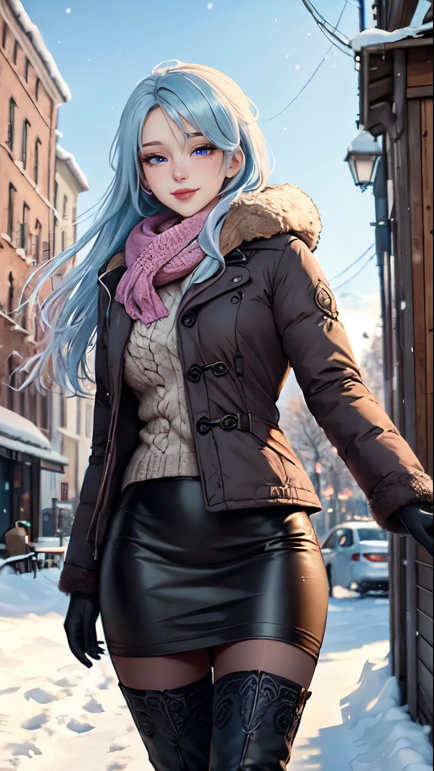 Masterpiece, raw,  beautiful art, professional artist, 8k, art style by sciamano240, very detailed face, very detailed hair, 1 woman, perfectly drawn body, beautiful face, long hair, light blue hair , very detailed blue eyes , rosey cheeks, intricate details in eyes, playful smile, looking directly at viewer , in love with viewer expression, lipstick, wearing cute winter clothes, winter coat, gloves, sweater, scarf,  short pencil skirt, thigh boots, pantyhose ,sunny winter day, walking, pov with viewer, very close up on face, 