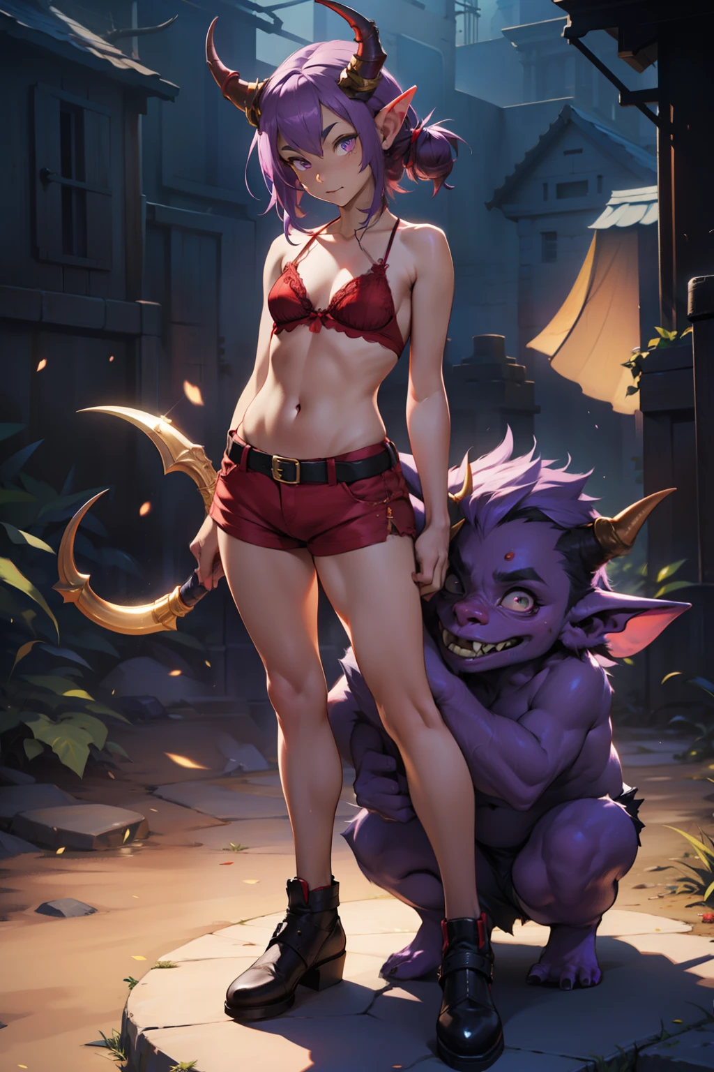 Cinematic Still of a Futa Goblin, adorned in beautiful and charming attire with a big, wide waist, wearing red shorts and a matching red bra. The Futa Goblin's skin glows in a captivating purple hue. Enchanting small, elegant horns gracefully brush against the forehead.

(Best Quality, 4k, 8K, high resolution, Masterpiece: 1.2), Futa Goblin, full body view, Purple goblin with captivating appearance, Wide waistline, Red shorts, Red bra, Small, Elegant horns on the forehead, Side pose, Calm posture, Hands