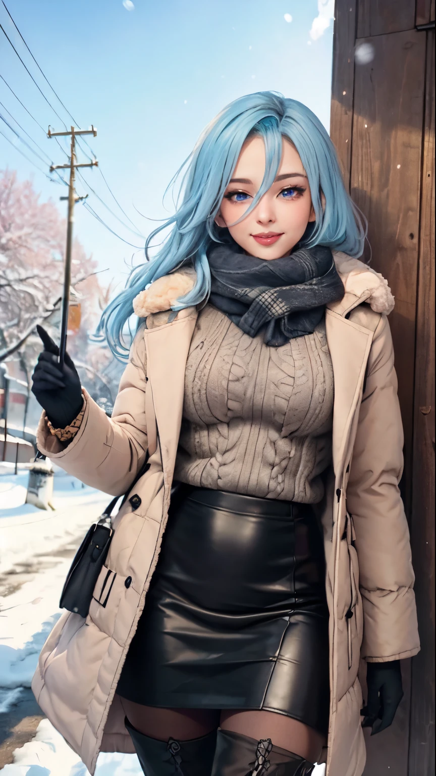 Masterpiece, raw, beautiful art, professional artist, 8k, art style by sciamano240, very detailed face, very detailed hair, 1 woman, perfectly drawn body, beautiful face, long hair, light blue hair , very detailed blue eyes , rosey cheeks, intricate details in eyes, playful smile, looking directly at viewer , in love with viewer expression, lipstick, wearing cute winter clothes, winter coat, gloves, sweater, scarf, short pencil skirt, thigh boots, pantyhose ,sunny winter day, walking, pov with viewer, very close up on face,