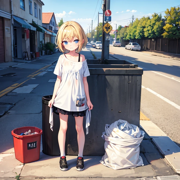1girl, blonde, rags, dirty slotches, dirty on face, short hair, blue eyes, flat chest, , homeless, trash can, trash bags, outdoors
