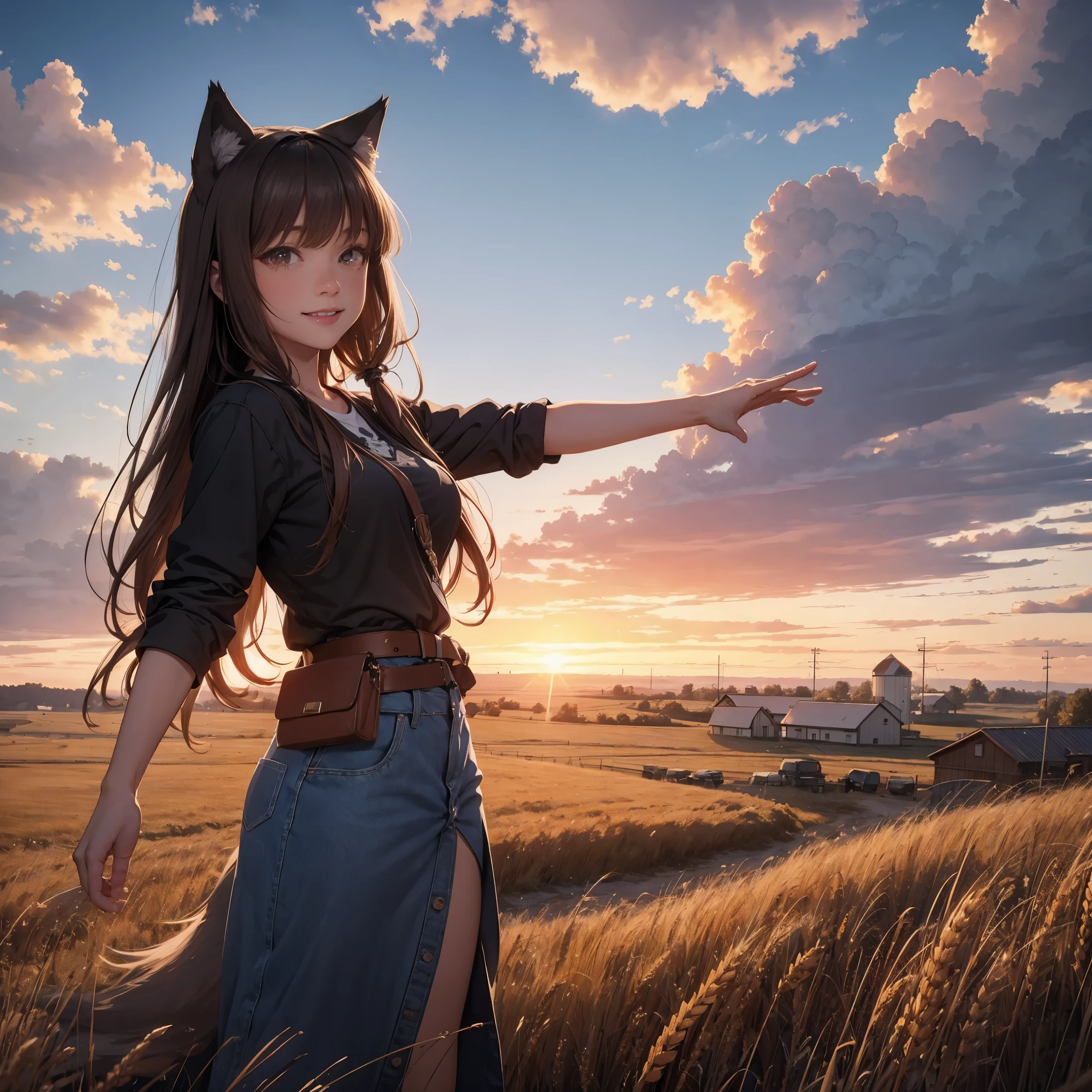 masterpiece, best quality, (vibrant colors, hdr,)
((holo)), LARGE BREASTS, spice and wolf,  1girl, animal ears wolf ears, wolf girl, wolf tail, long hair, brown hair, smile, red eyes, slit pupils, pouch, sky, scenic clouds, dust cloud, , sun in the middle of image, sun rays, outstretched arms, spread arms, extremely detailed wheat, farm , sunset with hyperreallistic detailed 3d volumetric clouds with  clear sky, graphite \(medium\), sketch, smoke in background <lora:holoSpiceAndWolf_v3:1