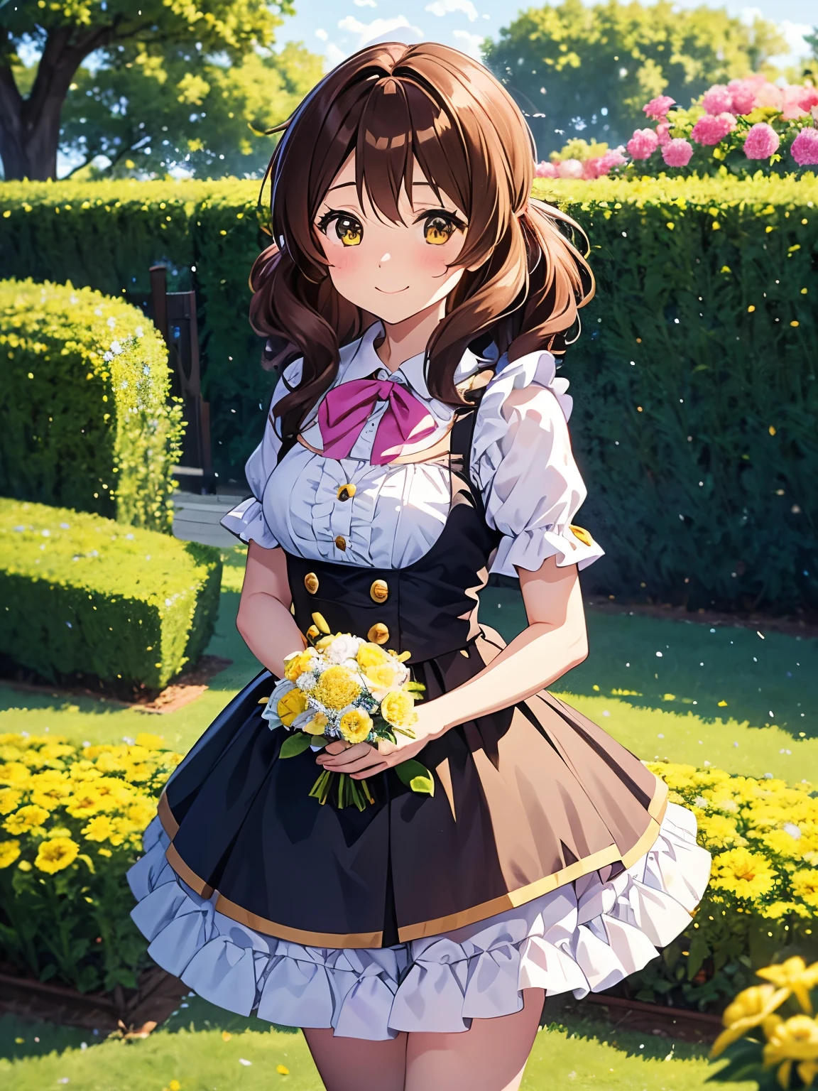 close、Yellow before＿Kumiko below view:1.3,perfect human body、one girl、victorian maid costume cosplay:1.3,mini skirt、frills、smile、blush、flower garden,choose flowers:1.3、Bouquet with both hands、bright day、Full of energy、Wavy hair、brown hair、medium hair