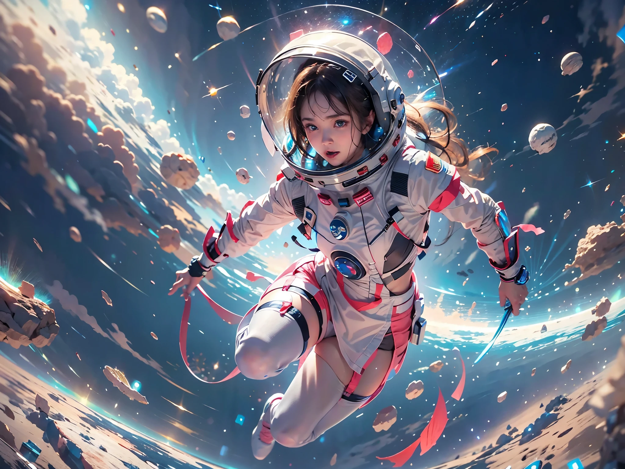 high resolution, ultra-detailed, 1girl, in spacesuit, seen from above, cosmic space, floating, satellite, running pose, Look at the audience, sparkling, space background, meat leg, white stockings, full-body shot, (masterpiece:1.4), 8K