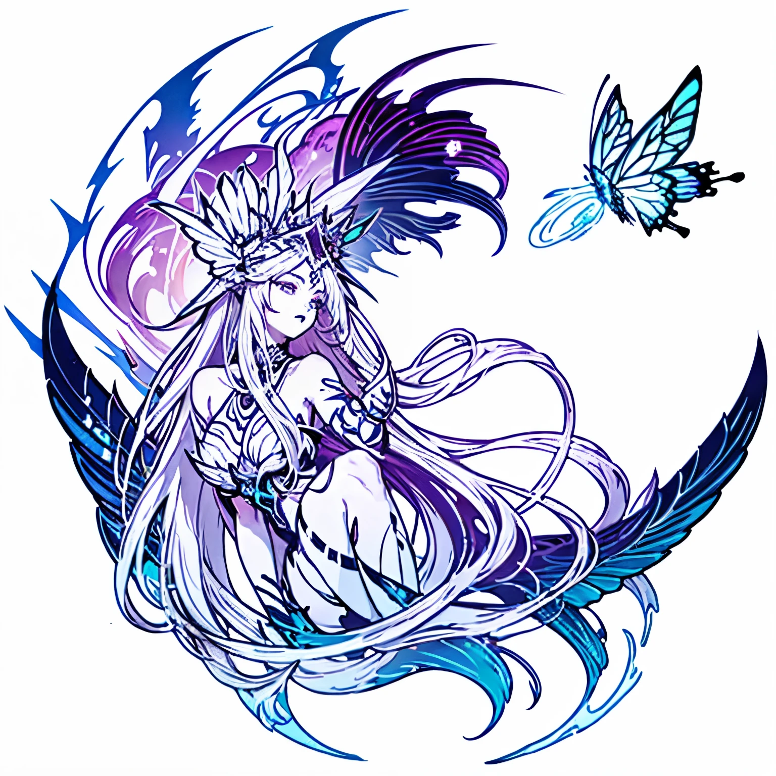  long haired butterfly girl goddess with round circular wing shape on the left side and sharp fluid wing shape on the right side, deep in thought, side view, mystical creative energy, simplistic, purple color, with strong white outline, symettrical, 