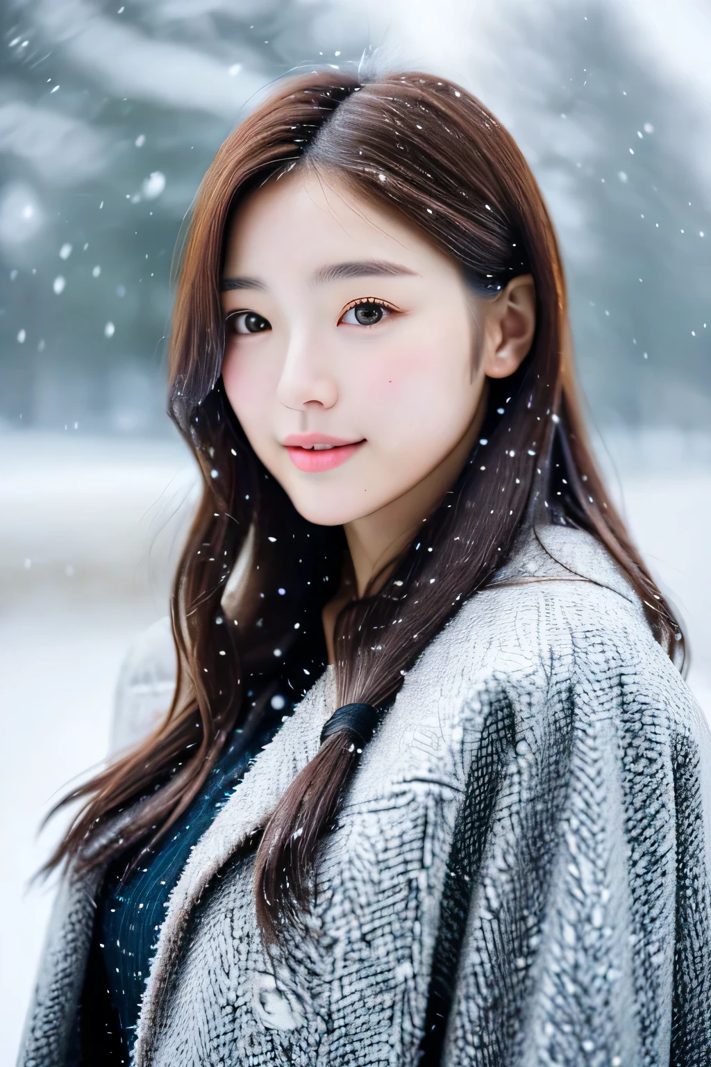 realistic pictures (1 cute korean star) shoulder length hair, light makeup, medium chest size, wearing a coat, in the snow, clear facial features, 8K high resolution, sharp and realistic details.from outside, eye level shot, f/4.0, 135mm, fujifilm, jpeg artifact, dithering, UHD, masterpiece