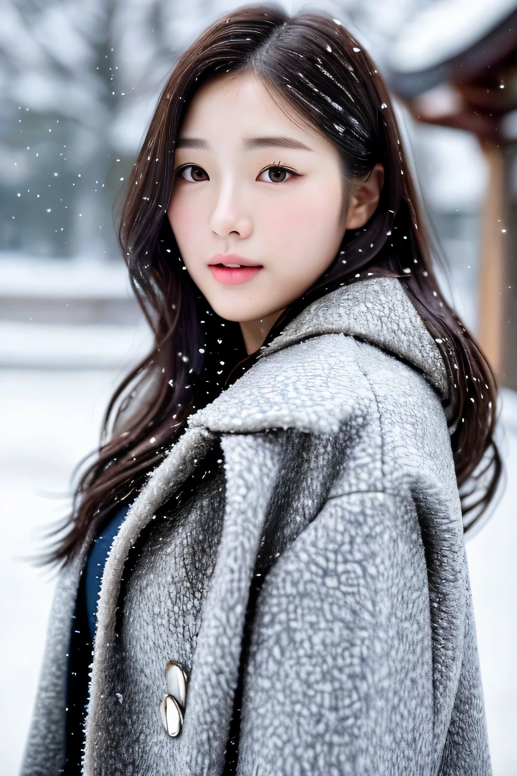 realistic pictures (1 cute korean star) shoulder length hair, light makeup, medium chest size, wearing a coat, in the snow, clear facial features, 8K high resolution, sharp and realistic details.from outside, eye level shot, f/4.0, 135mm, fujifilm, jpeg artifact, dithering, UHD, masterpiece