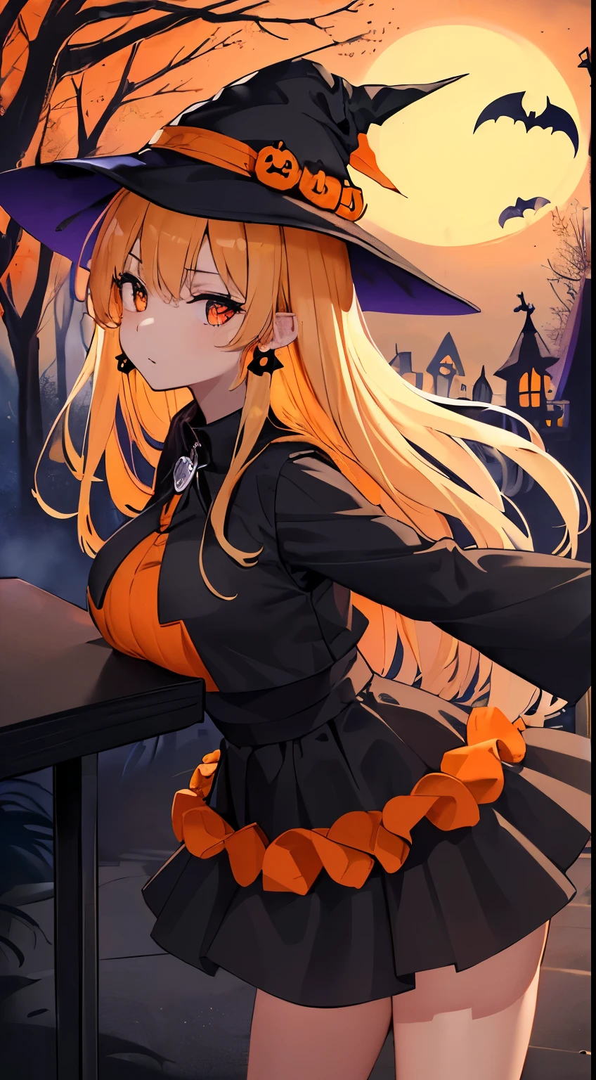 最high quality、best image quality、masterpiece、teenage girl((12 years old,Black Wizard Hat、young face、young girl、Black and orange sexy clothes,Orange and black skirt、Orange muffler,vest bust、Bust 100、big 、big breasts、blonde long hair,black eye、open your chest wide、valley、happiness、Slender、Blood coating、ridicule、chest enhancement、the batsのタトゥー、gold earrings、Beckon motion、Cross your arms behind your back、leaning forward)）high quality、beautiful art、With background((night、dark sky、Halloween at night、the bats、pumpkins,nightmare、Halloween、in the forest))、depth(Beautiful black house),table top、elaborate design、visual art、high contract、best lighting、most detailed、Low - Angle
