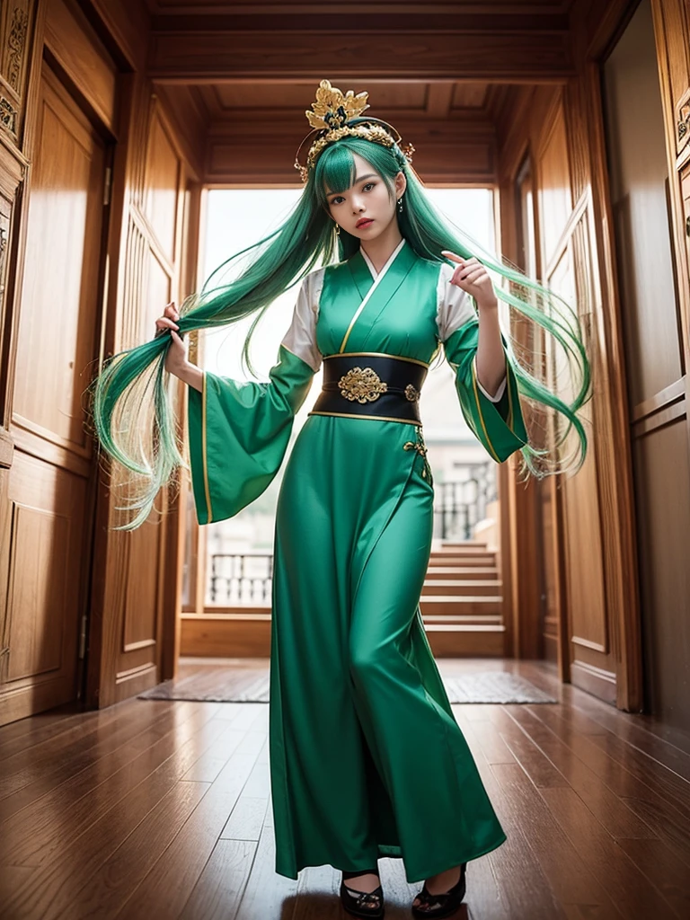 highly detailed artwork, Tall character, Drawing style with alcohol ink, Stand out with gold highlights.... The story is of a Chinese female warrior with long-standing skills.., flowing pastel green hair, looking at camera, Bright skin, and wore a beautiful pastel green hanfu.... She held a golden long sword in her hand..., Gracefully falling from the sky with clothes and hair blowing in the wind..., Create mesmerizing scenes. The composition consists of the play of light and shadow..., With the Forbidden City in the background..., And the camera angle will be higher when the character descends...."