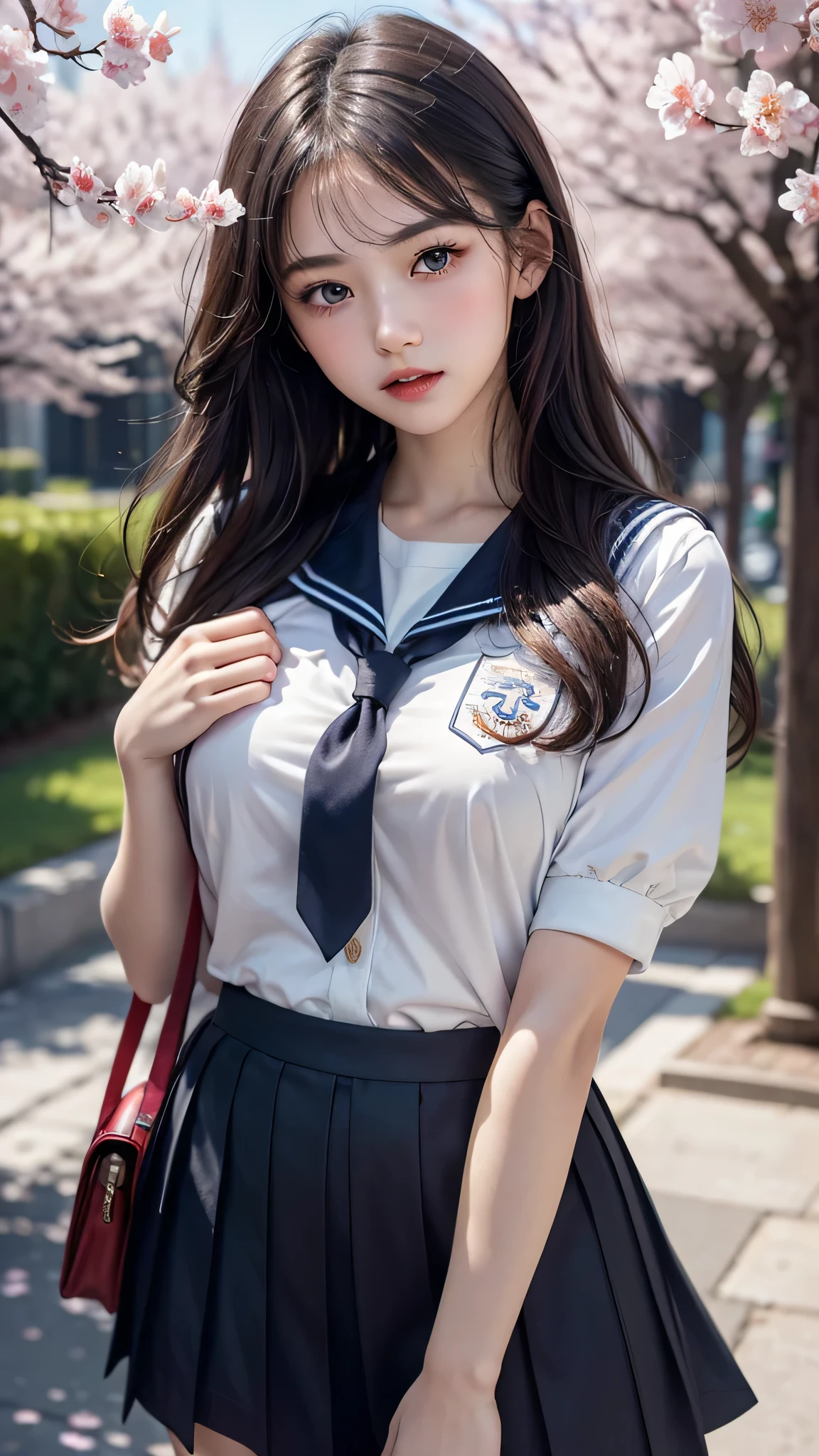 (1young girl), Amazing face and eyes, (amazingly beautiful girl), (Best Quality:1.4), (Ultra-detailed), (extremely detailed CG unified 8k wallpaper), Highly detailed, High-definition raw color photos, Professional Photography, sailor uniform, school uniform, School, Spring, cherry blossoms,