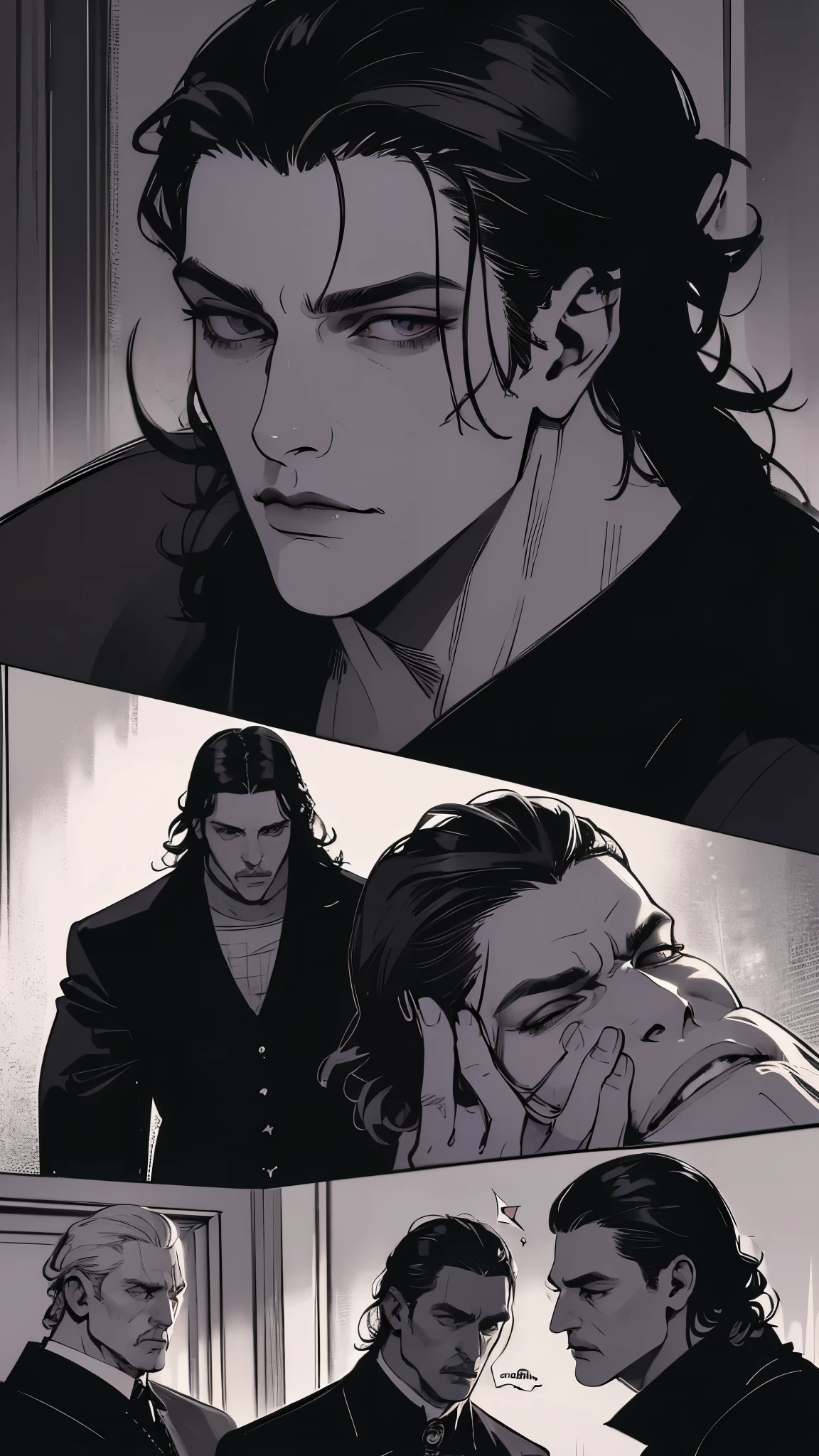 ((high detail, masterpiece)), dramatic lighting(absurdres, highres, ultra detailed), extremely detailed CG unity 8k. mature face, adult man, man, mature man, muscular, tall, long dark black hair, sharp jawline, sharp eyes, muscular build, earrings, mature man, formal black clothing, neutral expression,