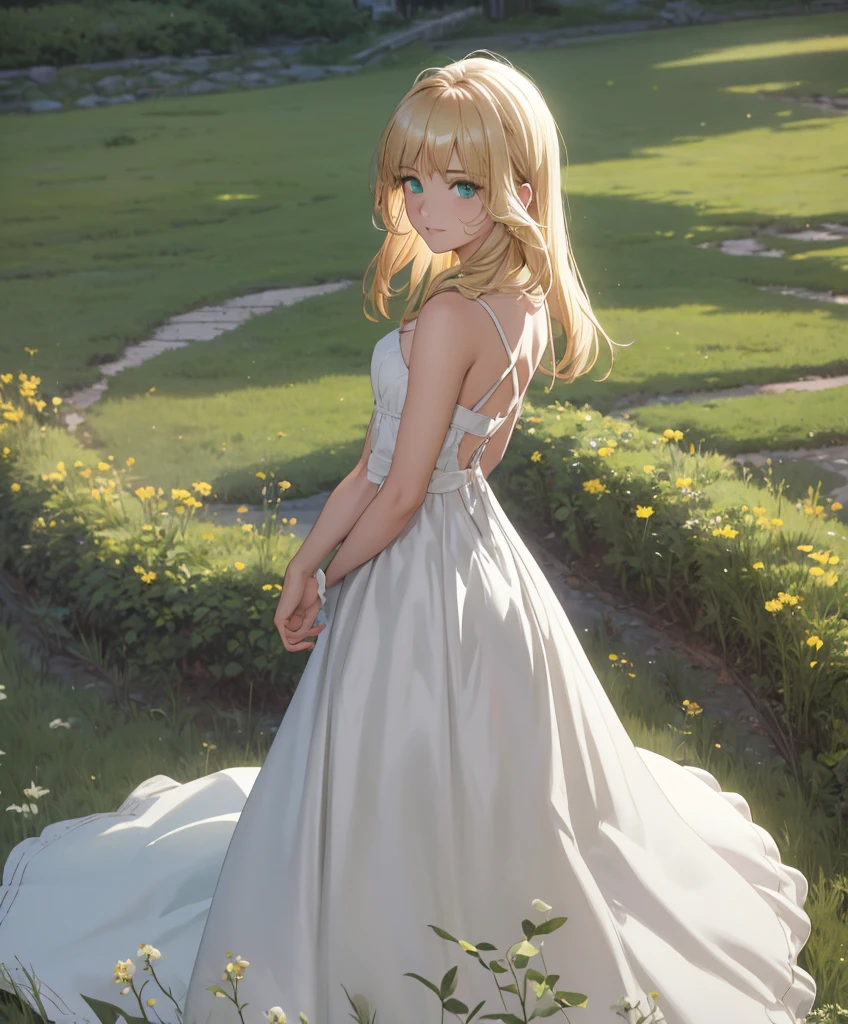 masterpiece, best quality, high resolution, aasaber, green eyes, white dress, wedding dress, short dress, pretty, wedding, standing, cowboy shot, outdoor, field, grass , blonde hair, blonde