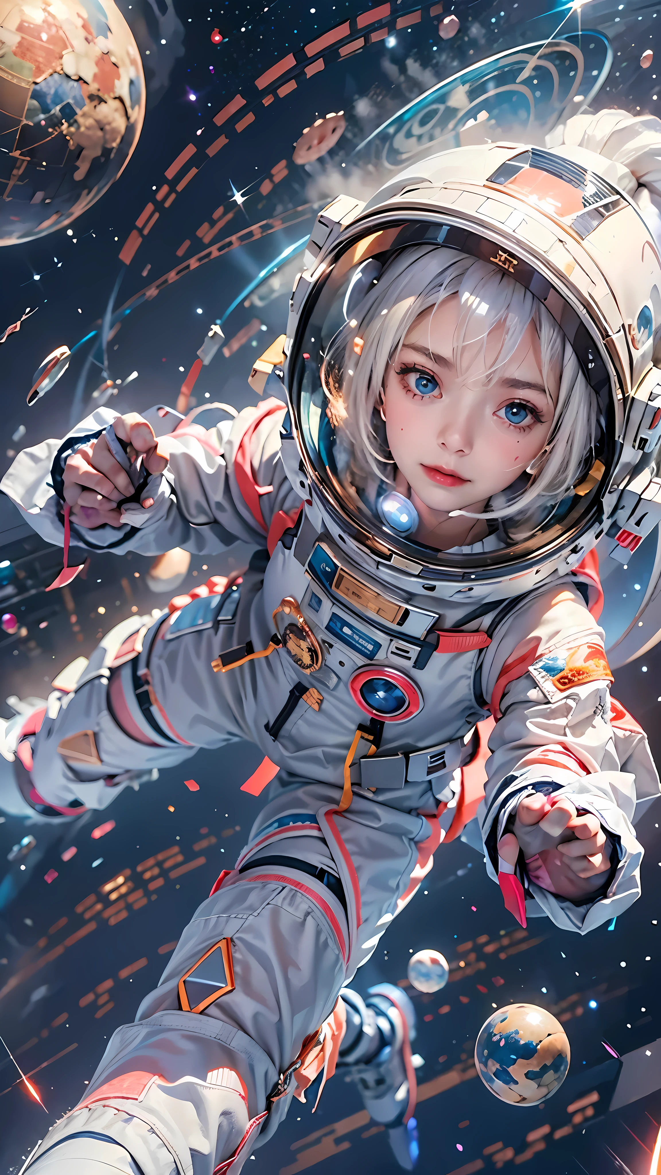 high resolution, ultra-detailed, 1girl, in spacesuit, seen from above, cosmic space, floating, satellite, running pose, Look at the audience, sparkling, space background, meat leg, white stockings, full-body shot, (masterpiece:1.4), 8K