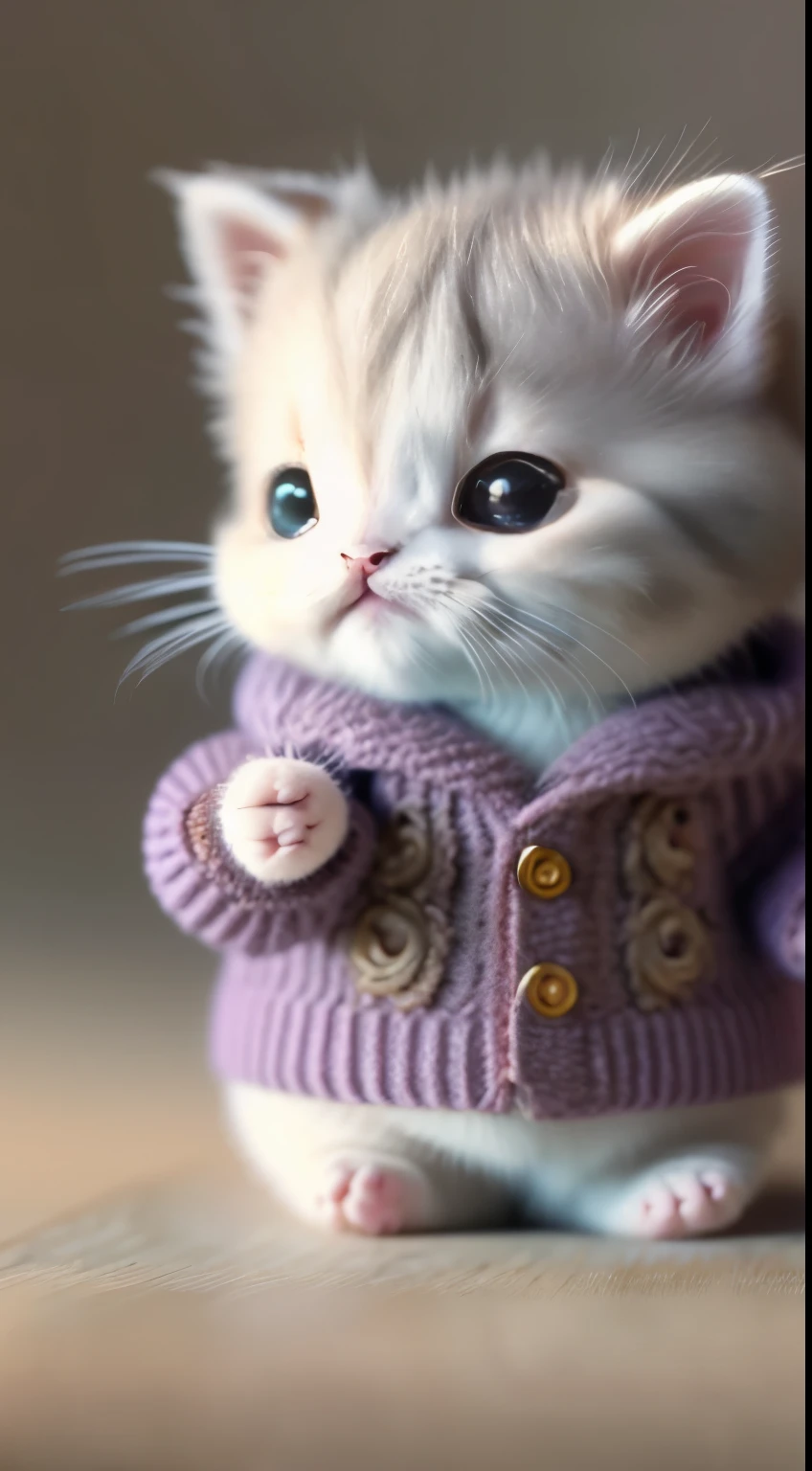 kitten in clothes， miniature kitten， Animal focus， bearded， realistic， POV Hand， ambiguous background，smile，interesting、
