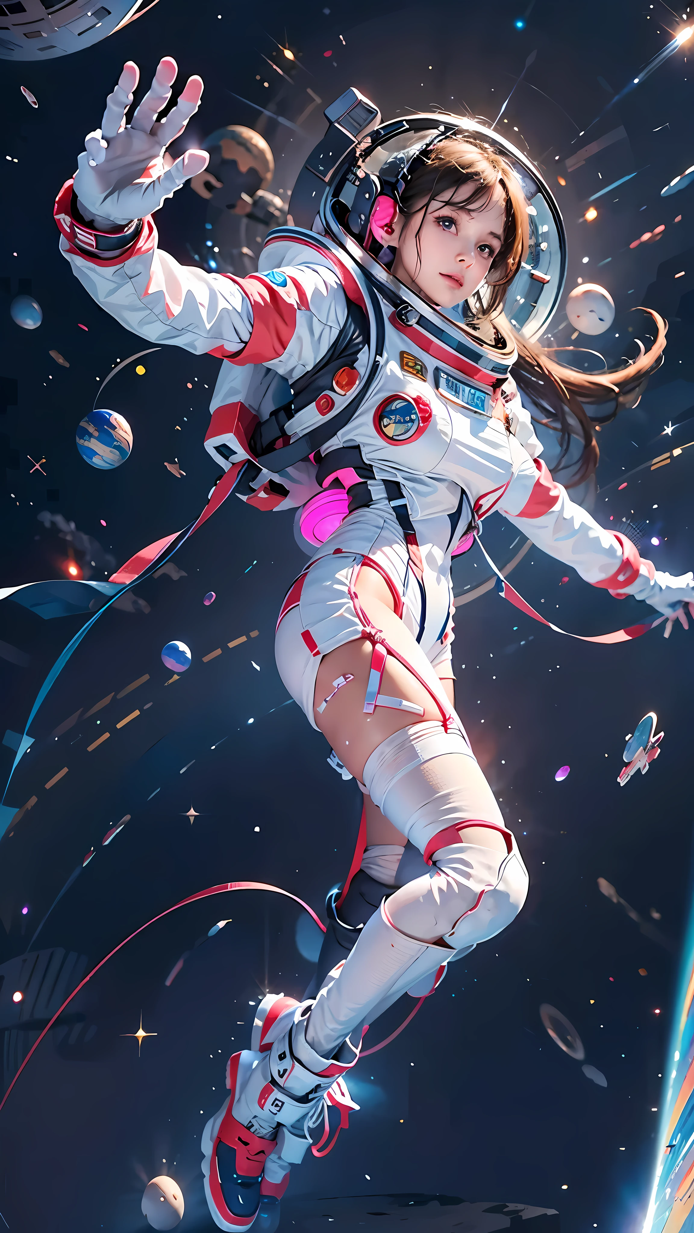 high resolution, ultra-detailed, 1girl, in spacesuit, seen from above, cosmic space, floating, satellite, running pose, Look at the audience, sparkling, space background, meat leg, white stockings, full-body shot, (masterpiece:1.4), 8K