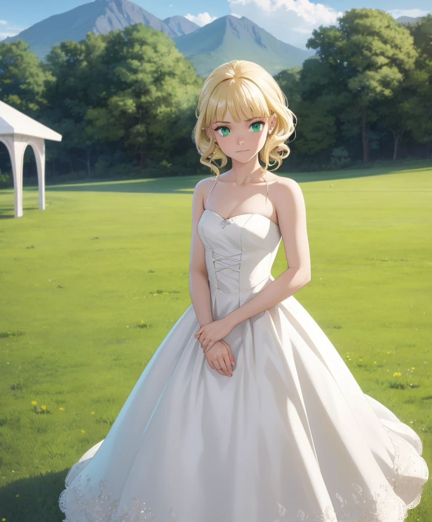 masterpiece, best quality, high resolution, aasaber, green eyes, white dress, wedding dress, short dress, pretty, wedding, standing, cowboy shot, outdoor, field, grass , blonde hair, blonde