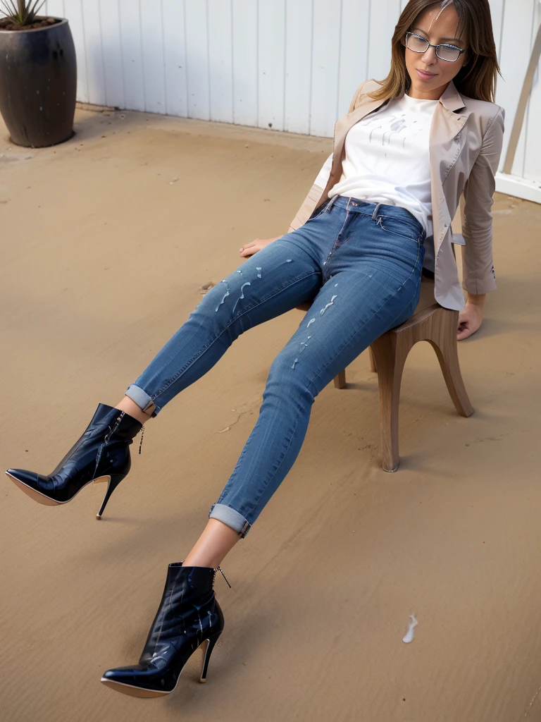 woman, skinny jeans, stiletto heel ankle boots, glasses. cum on cloth