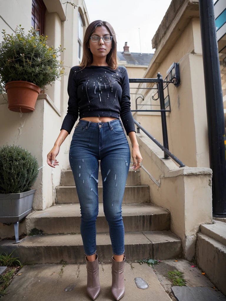 woman, skinny jeans, stiletto heel ankle boots, glasses. cum on cloth