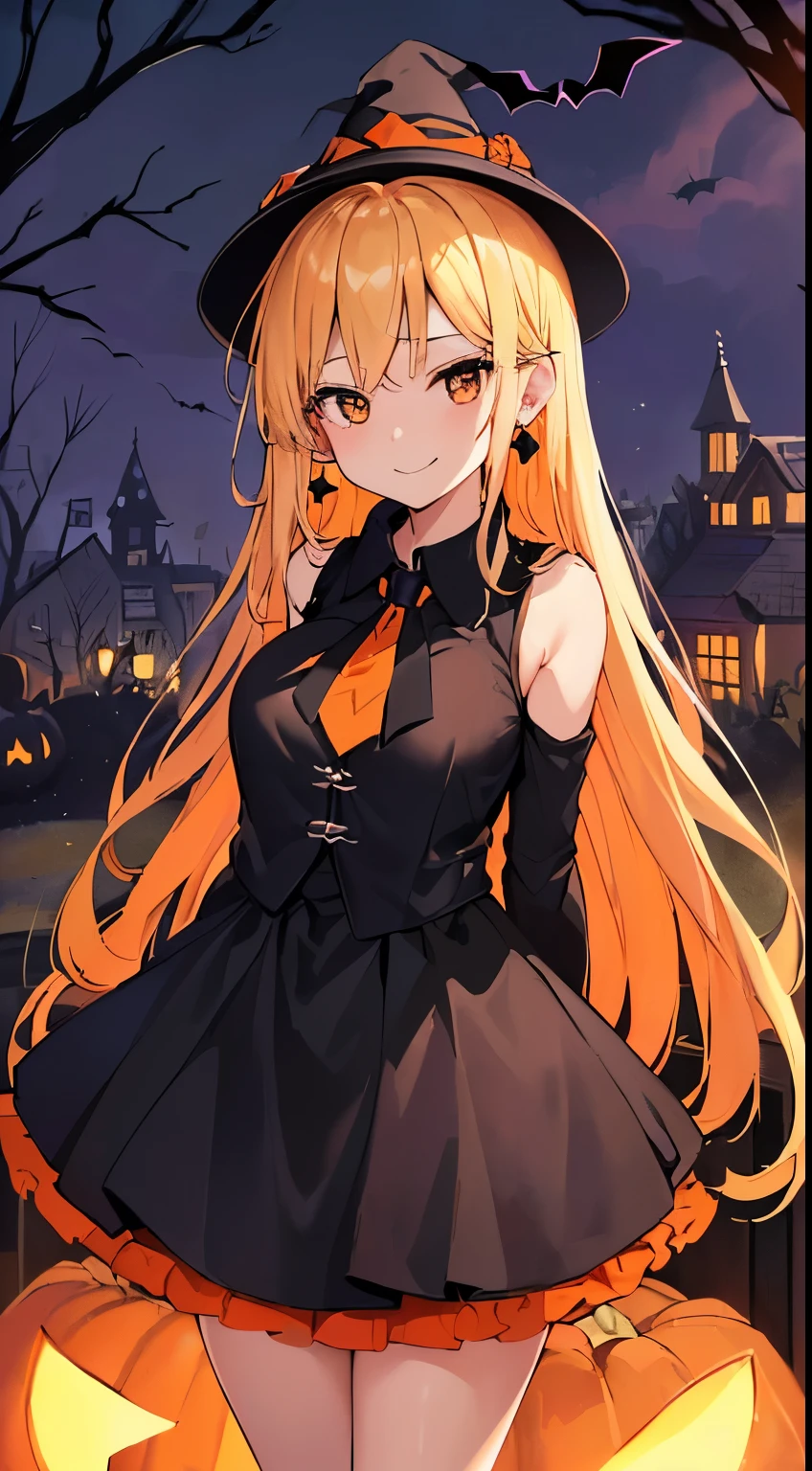 最high quality、best image quality、masterpiece、teenage girl((12 years old,Black Wizard Hat、young face、young girl、Black and orange sexy clothes,short height、Orange and black skirt、Orange muffler,big breasts、vest bust、Bust 100、big 、big breasts、blonde long hair,black eye、open your chest wide、valley、happiness、Slender、Blood coating、smile、見下したようなsmile、悪戯なsmile、chest enhancement、the batsのタトゥー、gold earrings、Beckon motion、Cross your arms behind your back、leaning forward)）high quality、beautiful art、With background((night、dark sky、Halloween at night、the bats、pumpkins,nightmare、Halloween、in the forest))、depth(Beautiful black house),table top、elaborate design、visual art、high contract、best lighting、most detailed、Low - Angle