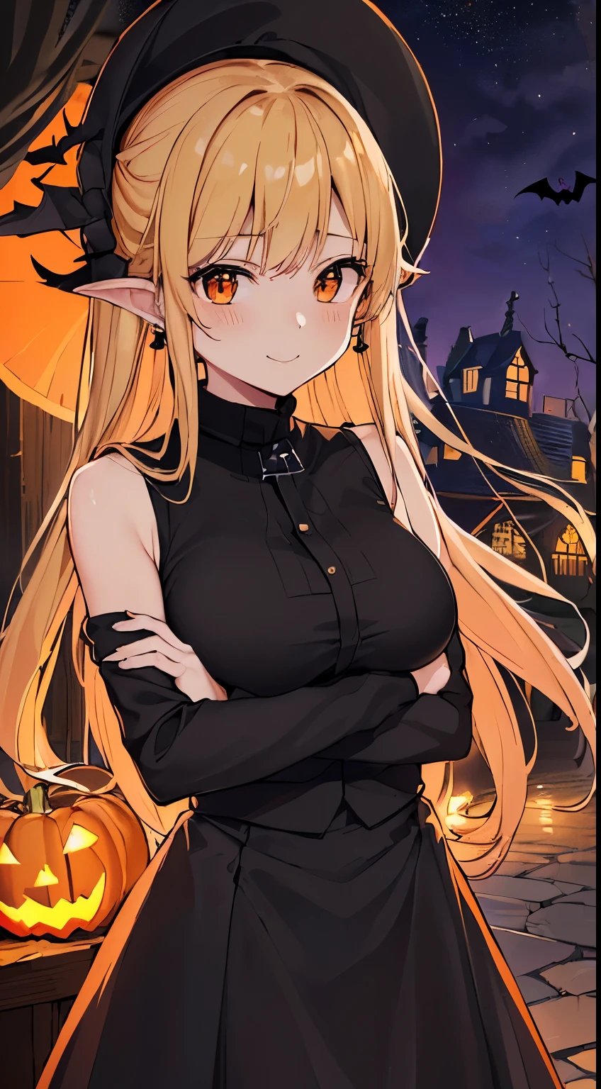 最high quality、best image quality、masterpiece、age girl((12 yck Wizard Hat、young face、young girl、Black and orange sexy clothes,short height、Orange and black skirt、Orange muffler,big breasts、vest bust、Bust 100、big 、big breasts、blonde long hair,black eye、open your chest wide、valley、happiness、Slender、Blood coating、smile、見下したようなsmile、悪戯なsmile、chest enhancement、the batsのタトゥー、gold earrings、Beckon motion、Cross your arms behind your back、leaning forward))high quality、beautiful art、With background((night、dark sky、Halloween at night、the bats、pumpkins,nightmare、Halloween、in the forest))、depth(Beautiful black house),table top、elaborate design、visual art、high contract、best lighting、most detailed、Low - Angle