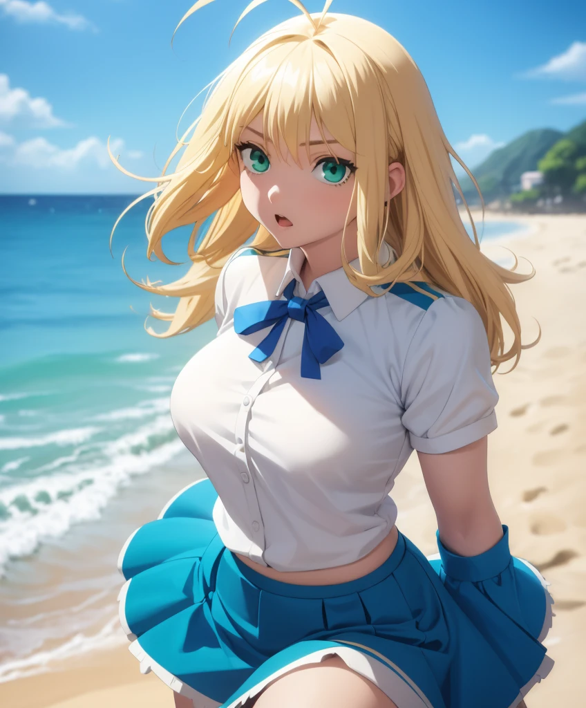 1girl,masterpiece, best quality, high resolution, green eyes, blue miniskirt, blue skirt, white blouse, short blouse, big breasts, nice breasts, pretty, blue skirt, blonde hair, blonde, ahoge hair beach, sand, sea :o