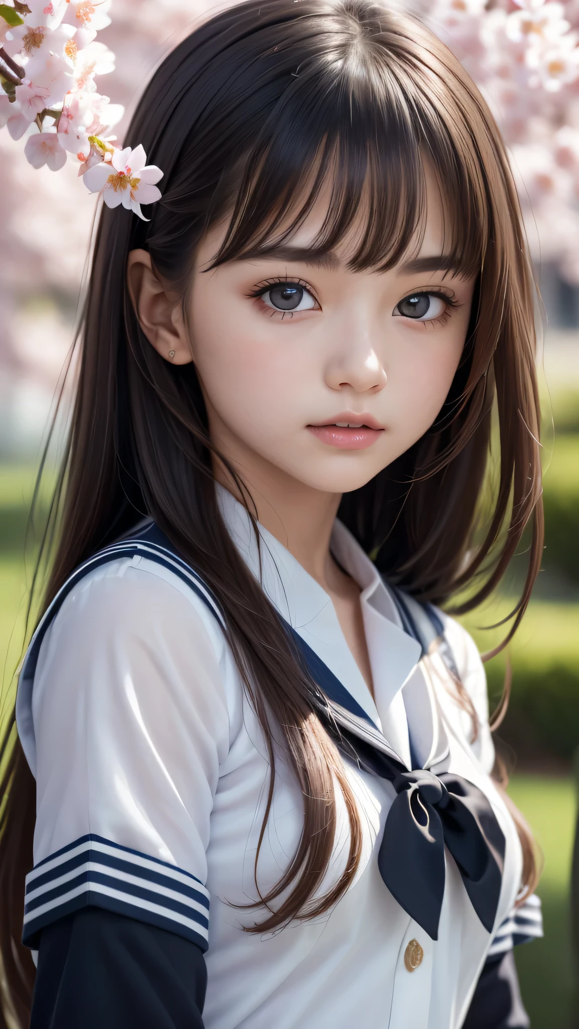 (ung girl), Amazing face and eyes, (amazingly beautiful girl), (Best Quality:1.4), (Ultra-detailed), (extremely detailed CG unified 8k wallpaper), Highly detailed, High-definition raw color photos, Professional Photography, sailor uniform, school uniform, School, Spring, cherry blossoms,