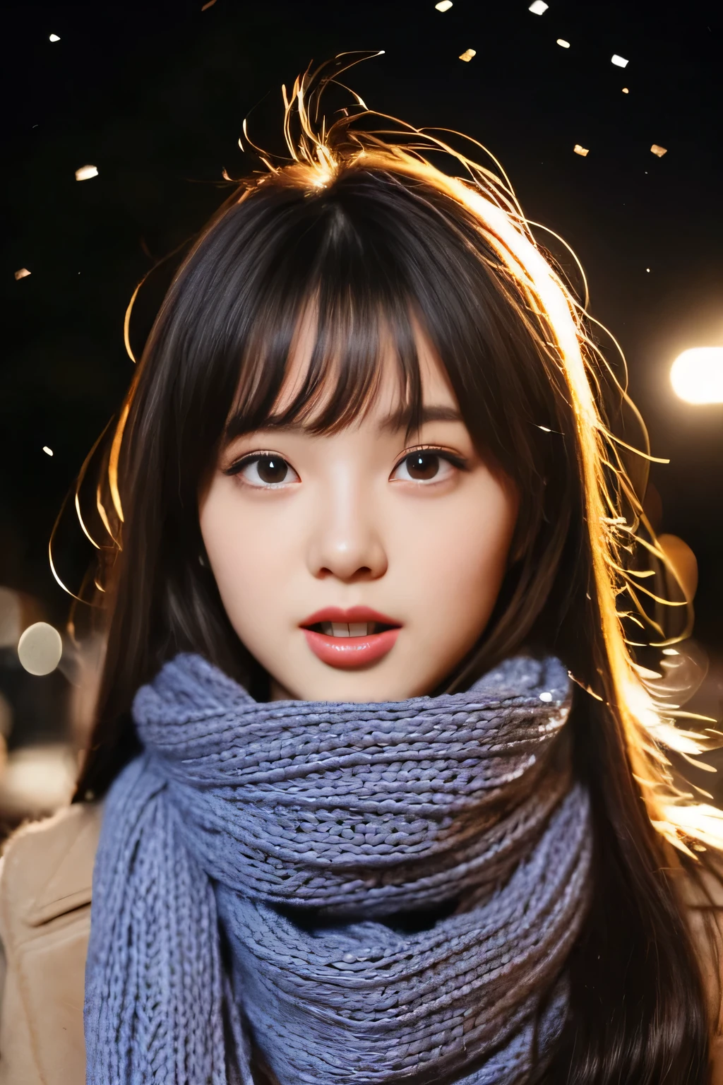 ((no makeup、close your mouth:1.2))、(realistic、Photoreal、Super detailed、best detailed skins、highest quality、masterpiece、ultra high resolution)、cute japanese woman、17 years old、high school girl、young girl、1 girl、have bangs、double eyelid、drooling eyes、Japanese style face、purity、double teeth、realistic肌タイプ、thick muffler、Grey muffler、fluffy hair、((hair is inside the scarf:1.3))、red cheeks、the wind is blowing、that&#39;It&#39;s snowing、night、illumination、Light is coming in from behind
