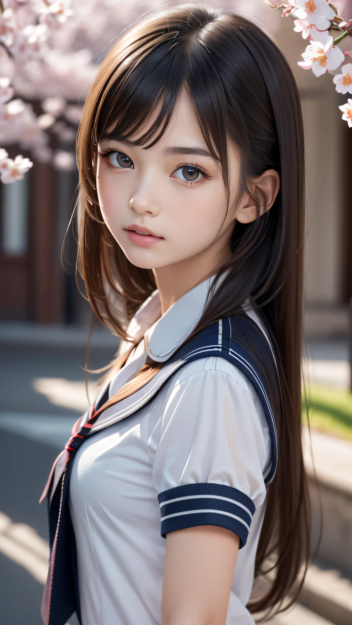(1ung girl), Amazing face and eyes, (amazingly beautiful girl), (Best Quality:1.4), (Ultra-detailed), (extremely detailed CG unified 8k wallpaper), Highly detailed, High-definition raw color photos, Professional Photography, sailor uniform, school uniform, School, Spring, cherry blossoms,