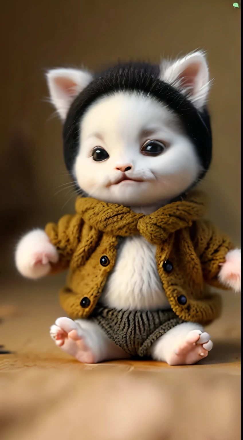 kitten in clothes, miniature kitten, Animal focus, bearded, realistic, POV Hand, ambiguous background,smile,interesting、
