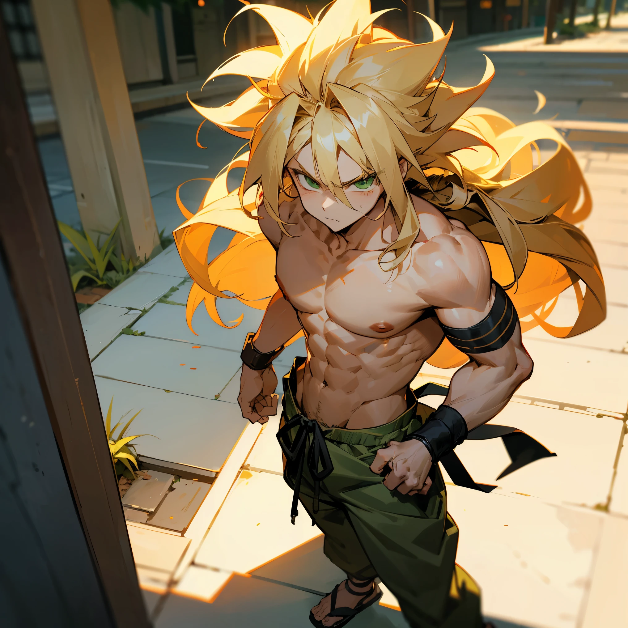 Blonde Hair , Long Hair , Messy Hair , Wavy Hair , Wild Hair , Shirtless , Baggy Martial Arts Pants , Standing on Sidewalk , Green Eyes , Serious Expression , 1male , Super Saiyan Hair , Black Wristbands