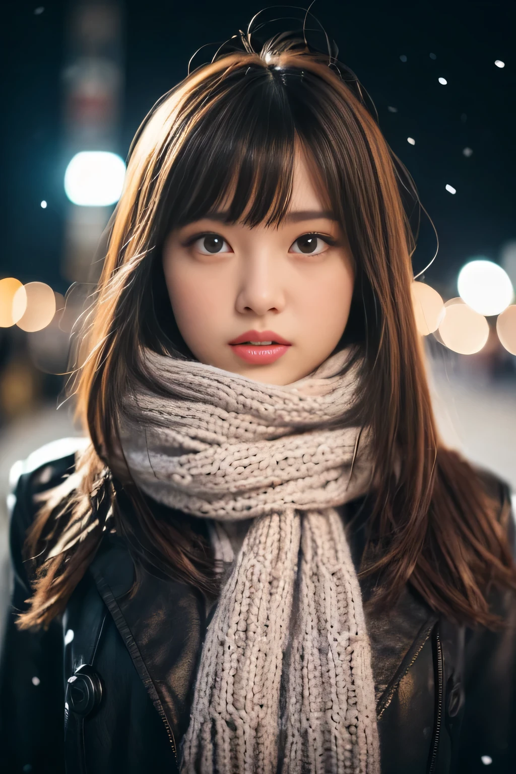 ((no makeup、close your mouth:1.2))、(realistic、Photoreal、Super detailed、best detailed skins、highest quality、masterpiece、ultra high resolution)、cute japanese woman、17 years old、high school girl、young girl、1 girl、have bangs、double eyelid、drooling eyes、Japanese style face、purity、double teeth、realistic肌タイプ、thick muffler、Grey muffler、fluffy hair、((hair is inside the scarf:1.3))、red cheeks、the wind is blowing、that'It's snowing、night、illumination、Light is coming in from behind