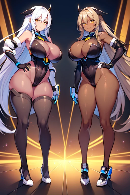 2girls, dark-skinned females, dark-skinned female, dark skin, white hair, long hair, large breasts, breasts, wide hips, yellow eyes, smile, bodysuit, black bodysuit, neon trim, sleeveless, black pantyhose, pantyhose, futuristic, machinery, tech, science-fiction, full body, ((full body)), smile, blue neon trim