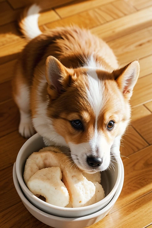 (best quality,In 8K, At 32K),Corgi puppy eating dog food from a bowl on the floor、From above、face focus、noon、bright、Natural light、high resolution