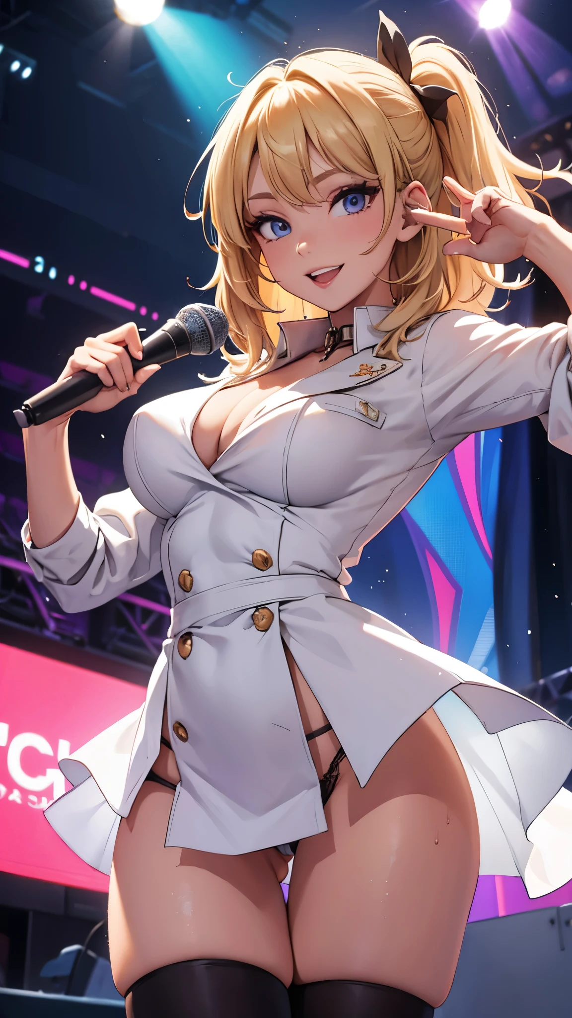 k-pop idol, blonde hair, beautiful smile, during the show, holding a microphone, jacket, k-pop accessories, showing the bottom of the breasts, transparent wet panties