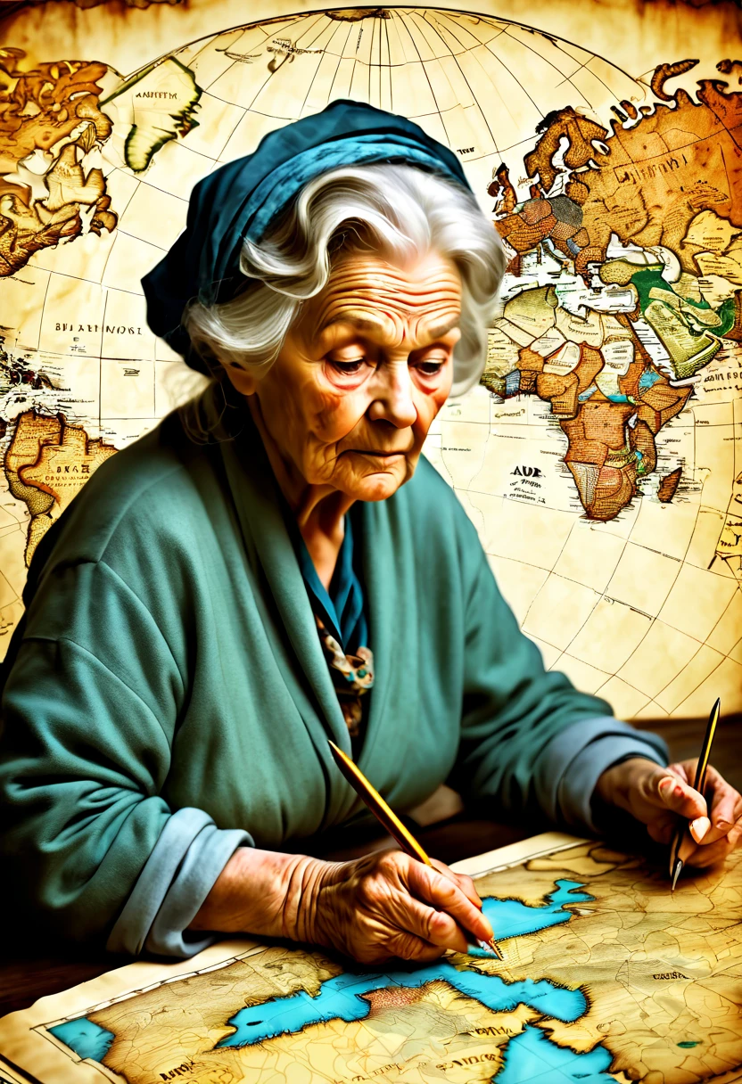 maps and old woman as cartogrph, beautiful art of maps