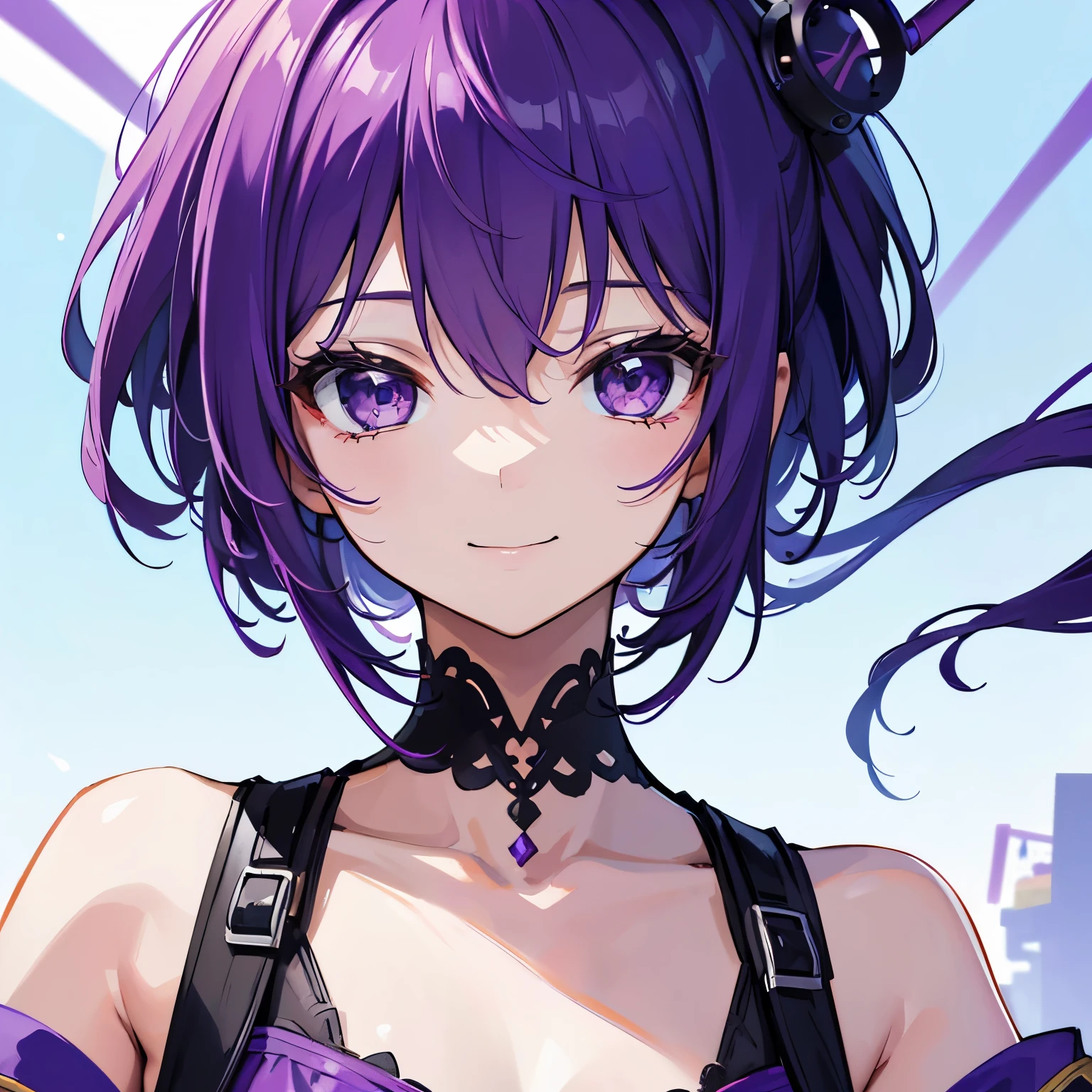 (T Masterpiece,4k wallpaper,best quality))、((girl1people))、(solo)、Brilliant,(purple hair)、(shortcut:1.3)、close up of face、smile、mail、post