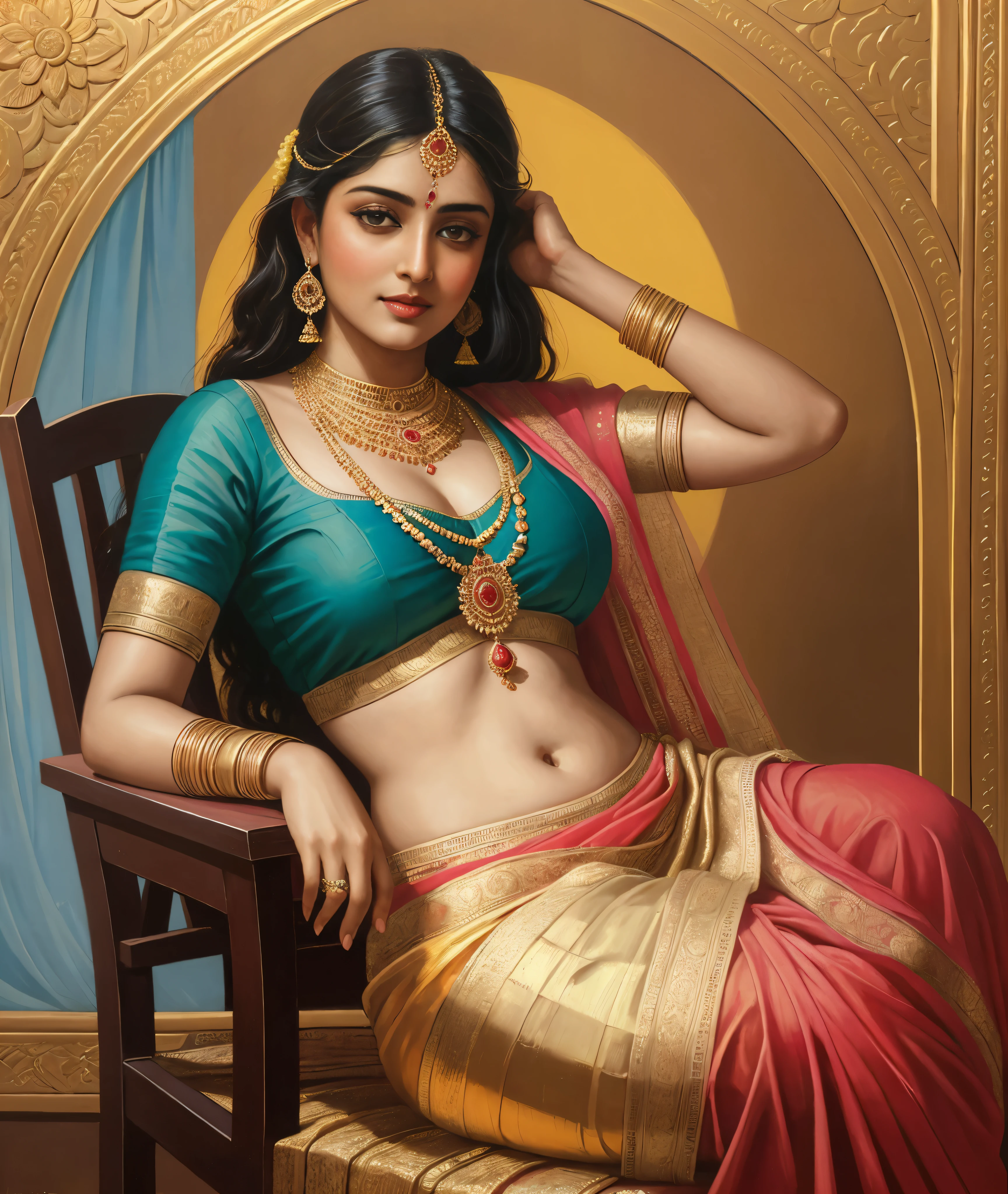 Bathing woman, gorgeous, Masterpiece,8k uhd, hdr, realistic, hyper realistic, intricate, vibrant colour, painting of a woman in a sari sitting on a chair, traditional beauty, inspired by Raja Ravi Varma, indian art, by Raja Ravi Varma, painting of beautiful, inspired by T. K. Padmini, painting of a woman, by Sardar Sobha Singh, gorgeous woman, oil on canvas painting, traditional painting, oil-painting