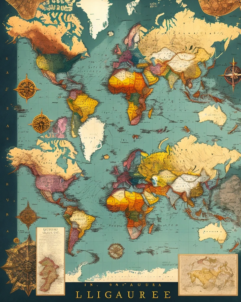 highres,vivid colors,landscape,maps,antique,old world,ancient,ink wash painting,detailed,geography,cartography,compass,sea monsters,navigational tools,ships,sailing,treasure,explore,unchartered territories,legendary lands,adventure,mythical creatures,mountains,forests,parchment,aged paper,burnt edges,compass rose,latitude and longitude,explorer's journal,hidden treasures,unknown territories,travel,discovery,ancient civilizations,pathways,exploration,ancient maps,wonders of the world,compassionate storytelling,wanderlust