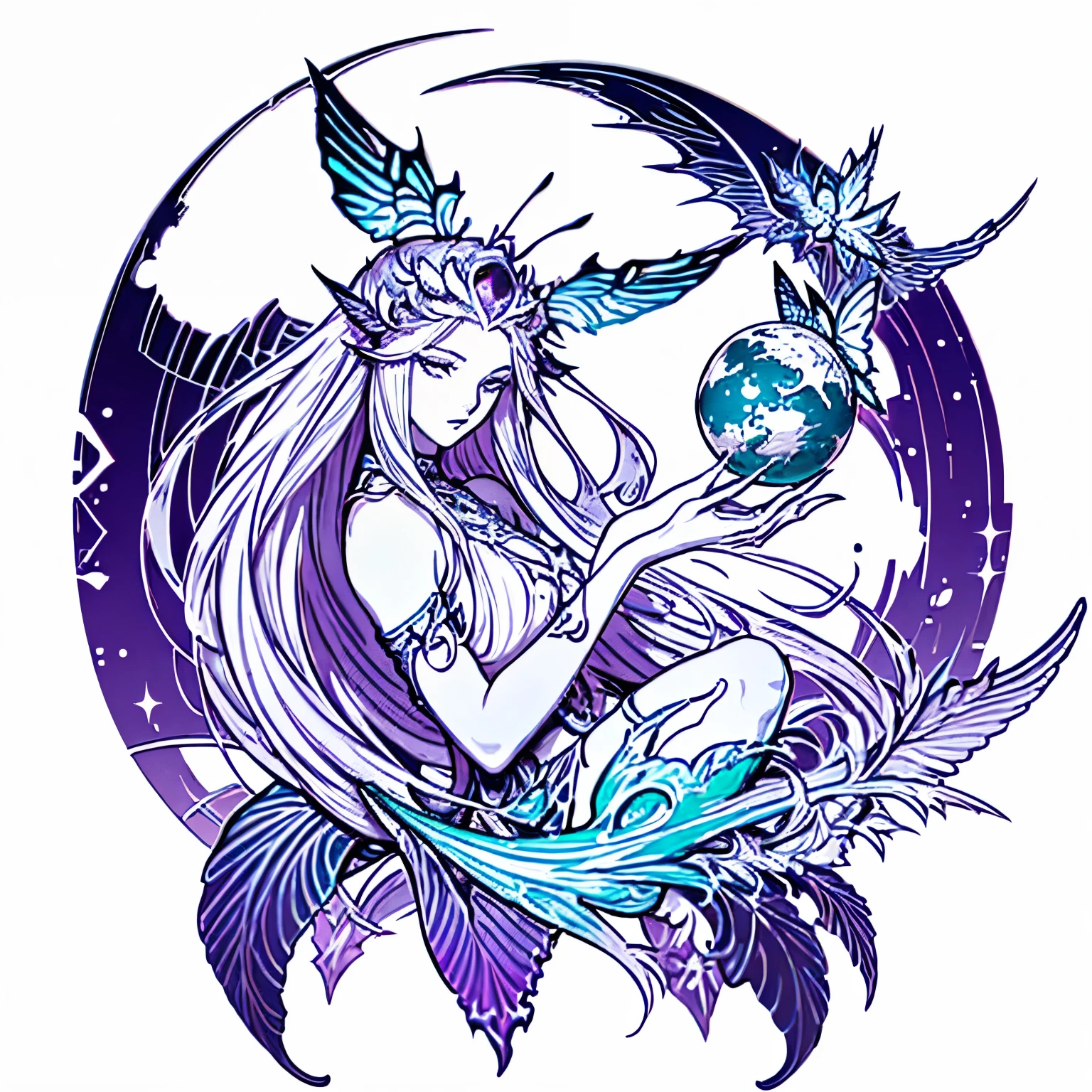  long haired butterfly girl goddess with round circular wing shape on the left side and sharp fluid wing shape on the right side, deep in thought, side view, mystical creative energy, simplistic, purple color, with strong white outline, symettrical, 