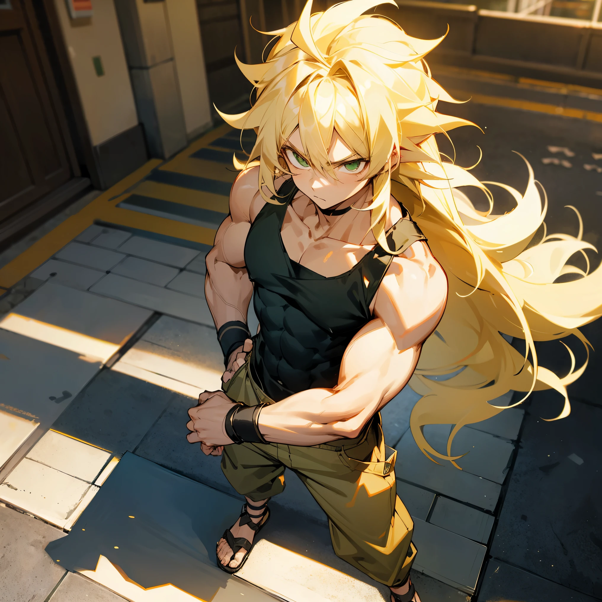 Blonde Hair , Long Hair , Messy Hair , Wavy Hair , Wild Hair , Black Tank Top , Baggy Martial Arts Pants , Standing on Sidewalk , Green Eyes , Serious Expression , 1male , Super Saiyan Hair , Black Wristbands
