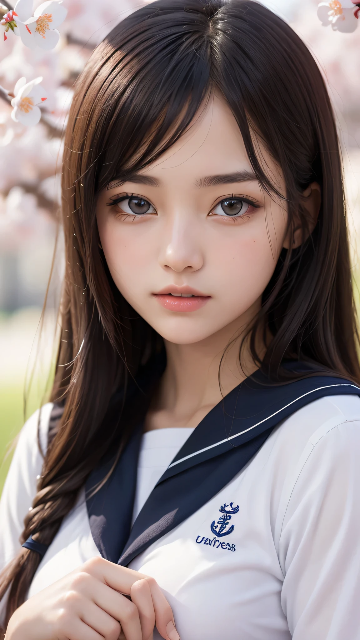 (1ung girl), Amazing face and eyes, (amazingly beautiful girl), (Best Quality:1.4), (Ultra-detailed), (extremely detailed CG unified 8k wallpaper), Highly detailed, High-definition raw color photos, Professional Photography, sailor uniform, school uniform, School, Spring, cherry blossoms,