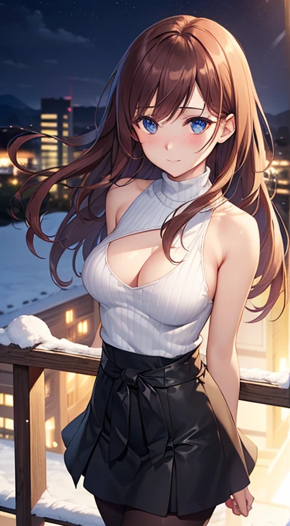 ((masterpiece, best quality, high resolution, ultra high definition, Pixel perfect, depth of field, 4K, RTX, human development report))), 1girl in, single, alone, Beauty、see whole body、 ((Long hair to waist, Short Liuhai, reddish brown hair)), ((blue eyes, beautiful eyelashes, realistic eyes)), ((Detailed face, blush:1.2)), ((smooth texture:0.75, lifelike质感:0.65, lifelike:1.1, Anime CG style)), medium breasts, Perfect body, ((White shoulderless sweater, exposing her chest, Fold skirt,Black tights)), A confident smile, body leaning against railing, Look down from above、(The wind is strong and blows my hair,The chest is exposed、Black tights) , Night view platform,Snowy nights