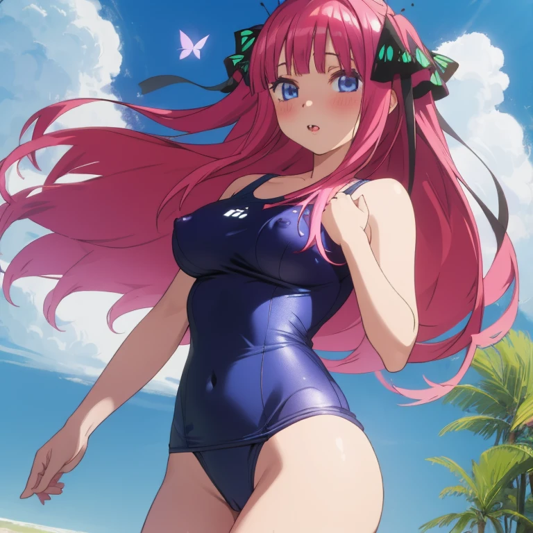 masterpiece, best quality, ultra detailed, best illustration, nsfw, 1girl, one-piece swimsuit, nino, pink hair, butterfly hair ornament