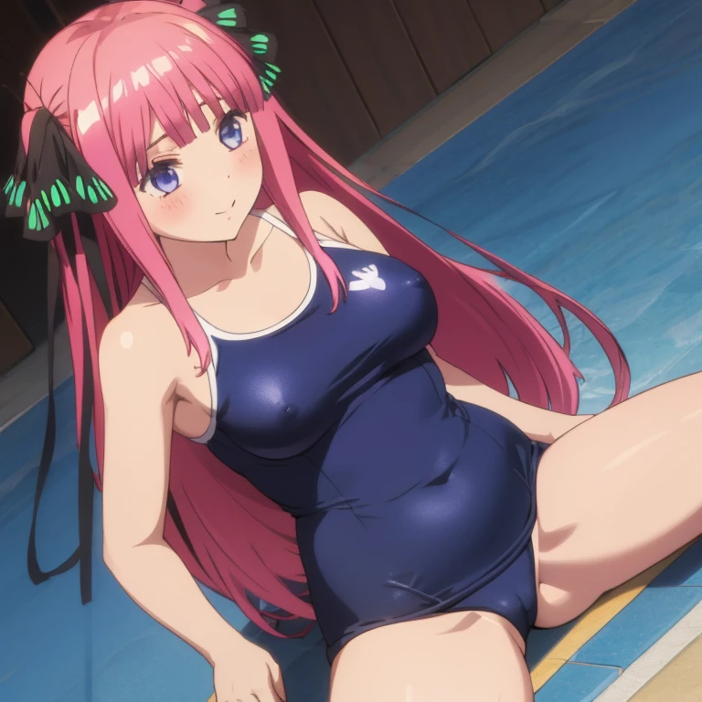 masterpiece, best quality, ultra detailed, best illustration, nsfw, 1girl, one-piece swimsuit, nino, pink hair, butterfly hair ornament