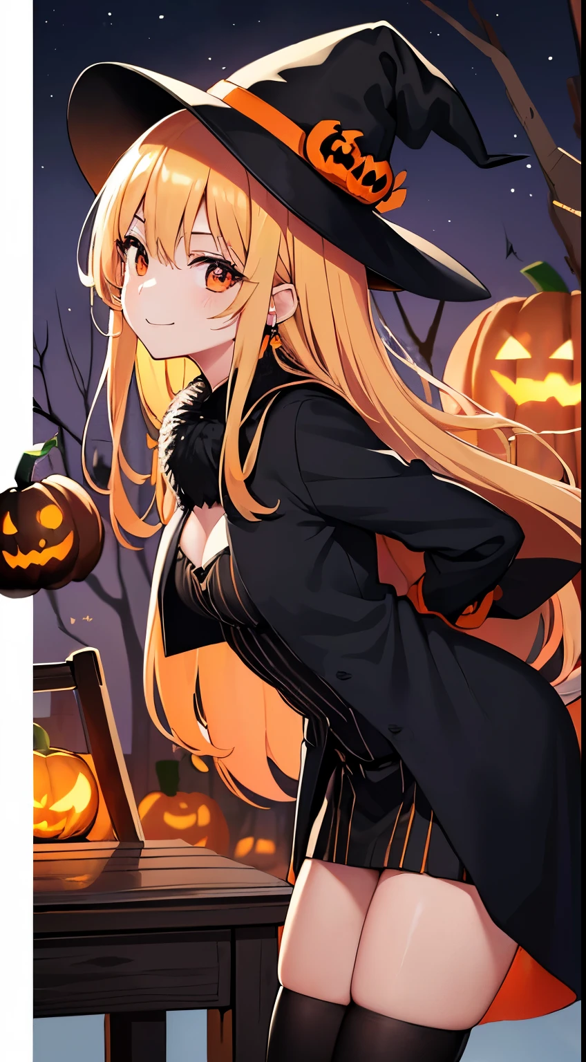 最high quality、best image quality、masterpiece、teenage girl((12 years old,Black Wizard Hat、young face、young girl、Black and orange sexy clothes,Orange and black skirt、Orange muffler,vest bust、Bust 100、big 、big breasts、blonde long hair,black eye、open your chest wide、valley、happiness、Slender、Blood coating、ridicule、smile、chest enhancement、the batsのタトゥー、gold earrings、Beckon motion、Cross your arms behind your back、leaning forward)）high quality、beautiful art、With background((night、dark sky、Halloween at night、the bats、pumpkins,nightmare、Halloween、in the forest))、depth(Beautiful black house),table top、elaborate design、visual art、high contract、best lighting、most detailed、Low - Angle