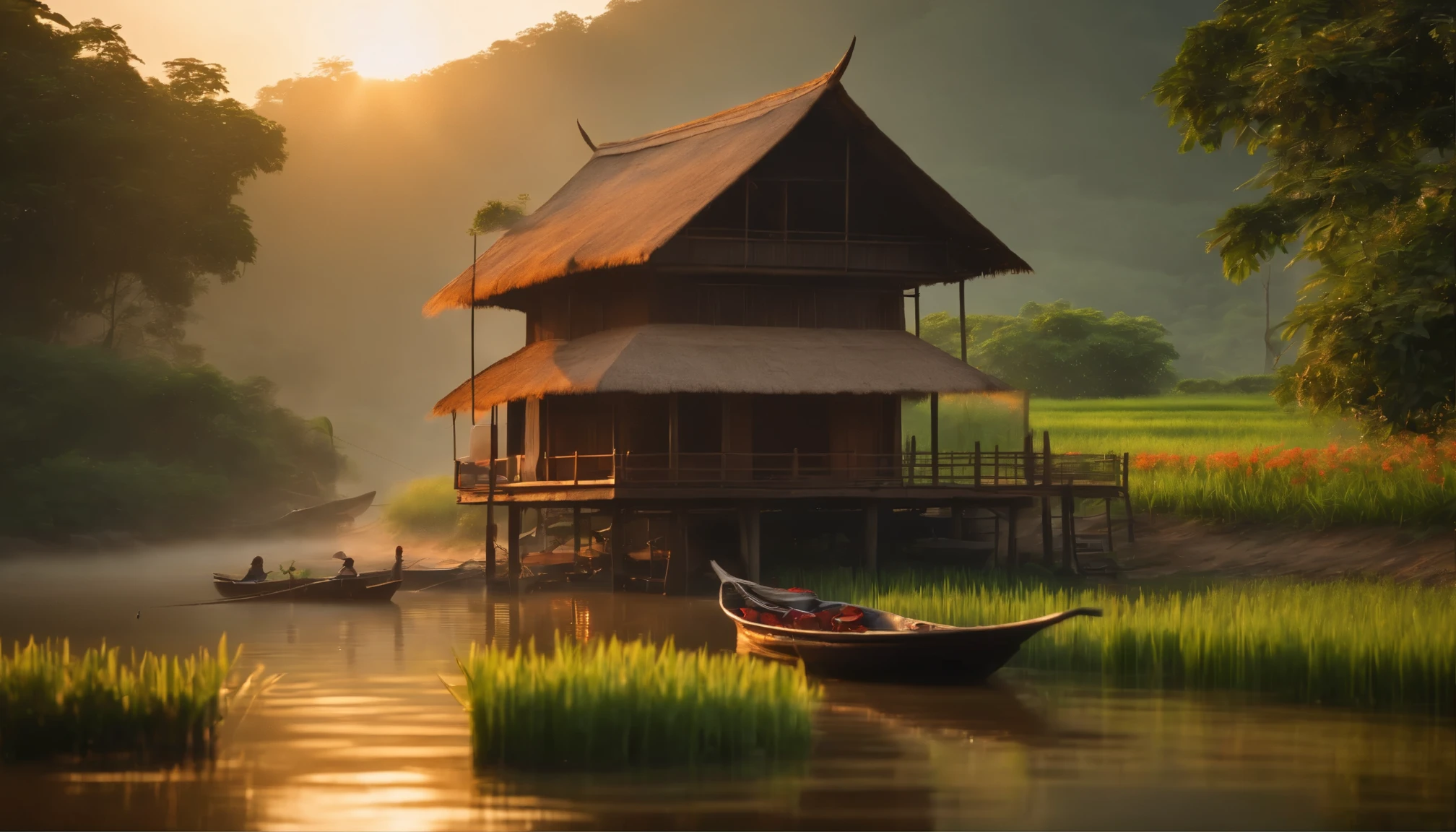 A stilt house with a thatched roof, traditional Thailand architecture, bamboo structure, wooden planks, birds flying above, a peaceful village, morning mist, vibrant green rice fields, calm river, wooden pier, women wearing conical hats, traditional clothing, children playing, a fishing boat, blooming lotus flowers, herbal garden, smoke rising from a traditional cooking stove, warm sunlight, soft shadows, a sense of tranquility and harmony. (best quality,4k,8k,highres,masterpiece:1.2),ultra-detailed,(realistic,photorealistic,photo-realistic:1.37),indigenous culture,historical,serene,traditional crafts,pastoral scenery,ethereal beauty,rich heritage,living traditions,harmonious architecture,vibrant nature,peaceful community,brisk morning,traditional lifestyle,vivid colors,nostalgic atmosphere,natural materials,rural charm