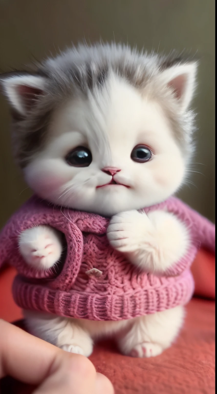 kitten in clothes， miniature kitten， Animal focus， bearded， realistic， POV Hand， ambiguous background，smile，interesting、