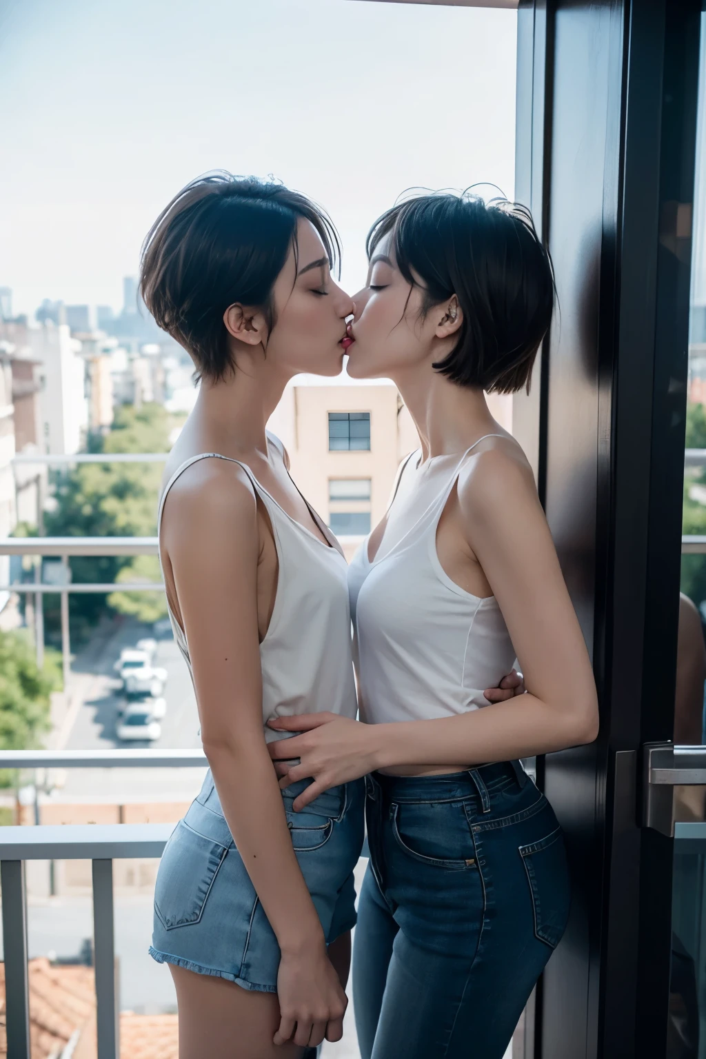 make love,sex(detailed), two tomboys on a balcony, cityscape, short hair, small breasts, dress shirt, dress, jeans, (kissing:1.2), closed eyes, solo, best quality, best anatomy