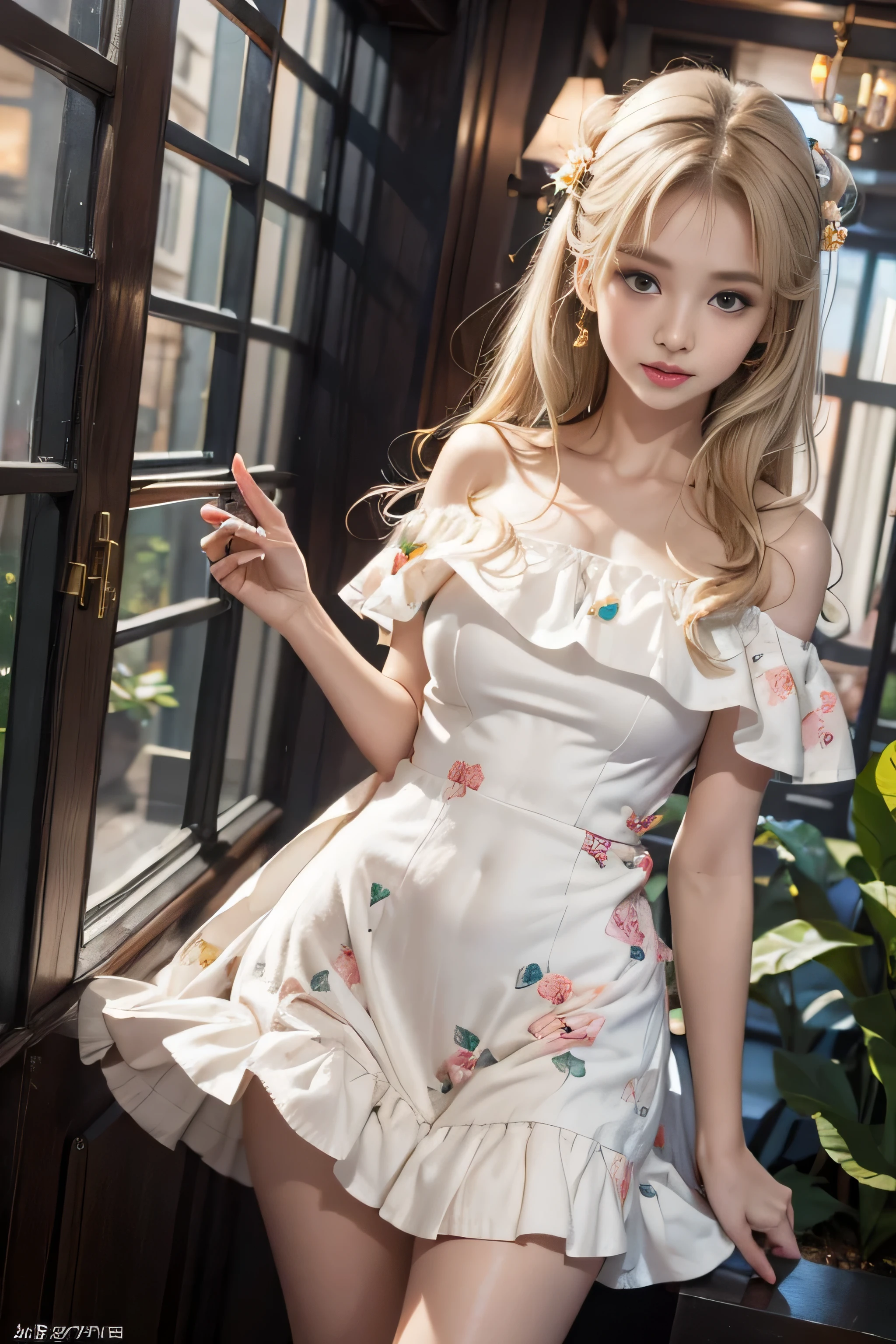 ((girl standing on terrace stairs))bright look、young shiny glossy white shiny skin、Best Look Rondo Reflective Light、Platinum blonde hair with dazzling highlights、shiny bright hair,、super long straight hair、Shining beautiful bangs、輝くクリスタルクリアな魅力的な大きな青いeye、very beautiful lovely cute 16 year old girl,美しく細かいeye, beautifully detailed nose,(( whole body:1.5)),eyeが強調するメイク、royal style，comic style, , scattered below the surface, gorgeous details、 (landscape with natural flowers), (medium sized breasts), ((cinematic)), dramatic lighting, table top、((Off-the-shoulder white floral dress:1.4))、(Loose and fluffy perm:1.4)、1 girl、Ultra-realistic 8k CG, 絵に描いたようなperfectionな顔, perfection, clean, table top, professional artwork, famous works, perfectionな顔, beautiful face, 美しいeye, ((perfectionな女性の体)), alone,(Immersive atmosphere, chiaroscuro:1.5,bright light:1.2,bright lighting),(blush:0.5),fascinating look,very detailed_eye,big,Beautiful and detailed background,written boundary depth,realistic:1.3, (long shot),((standing by the window)),((Skirt soars)),(lift the skirt),(long legs)、 (ambient light:1.3),(cinematic composition:1.3),(neon light:0.1),accent lighting,、(Showing white lace panties)